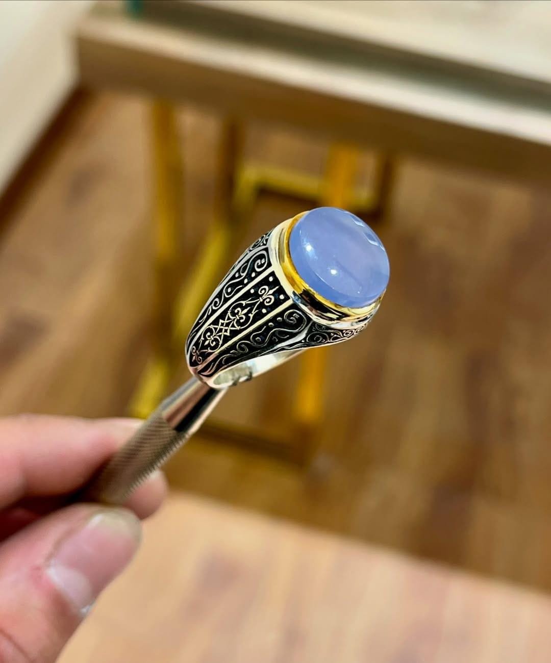 Blue Agate Ring Men, Sterling Silver Aqeeq Signet, Handmade Ottoman Ring - Image 4