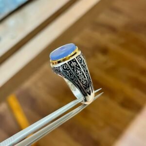 Blue Agate Ring Men, Sterling Silver Aqeeq Signet, Handmade Ottoman Ring