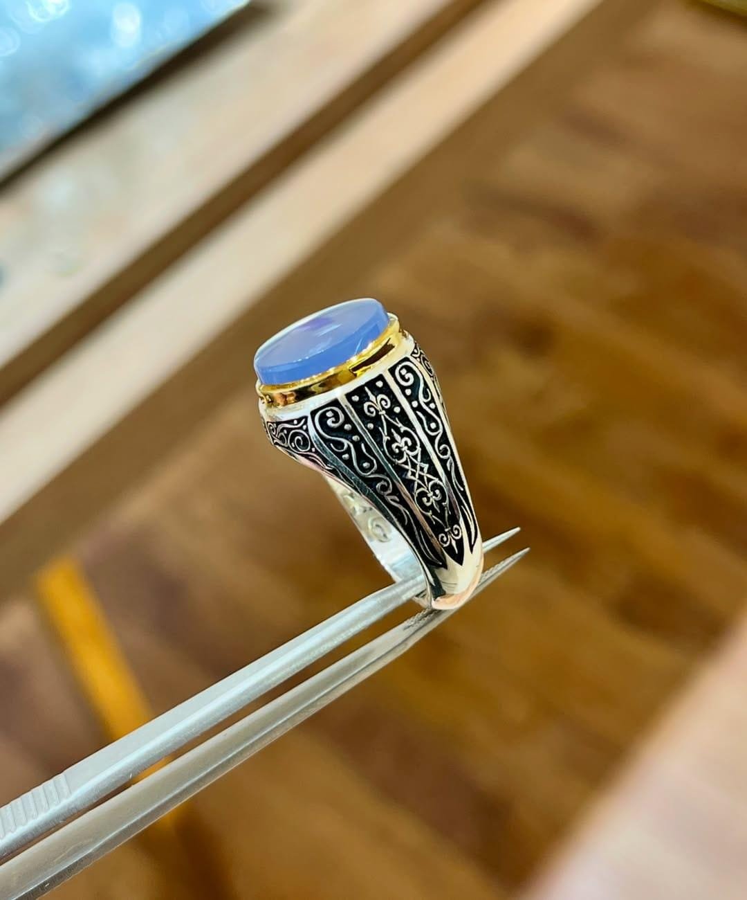 Blue Agate Ring Men, Sterling Silver Aqeeq Signet, Handmade Ottoman Ring