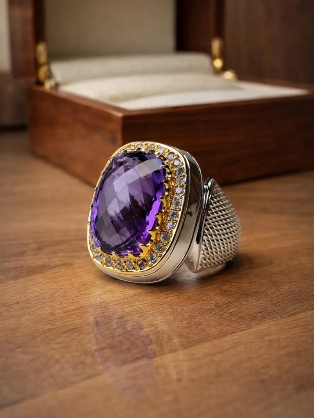 Amethyst Men Silver Ring with gold accents: Gift for boyfriend - Image 5