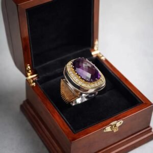 Amethyst Men Silver Ring: Sterling Silver 925 Band with Purple Stone with Gold Accents