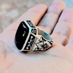 Black Aqeeq Ring | Natural Yemeni Agate Shifat Al Abad | 925 Sterling Silver