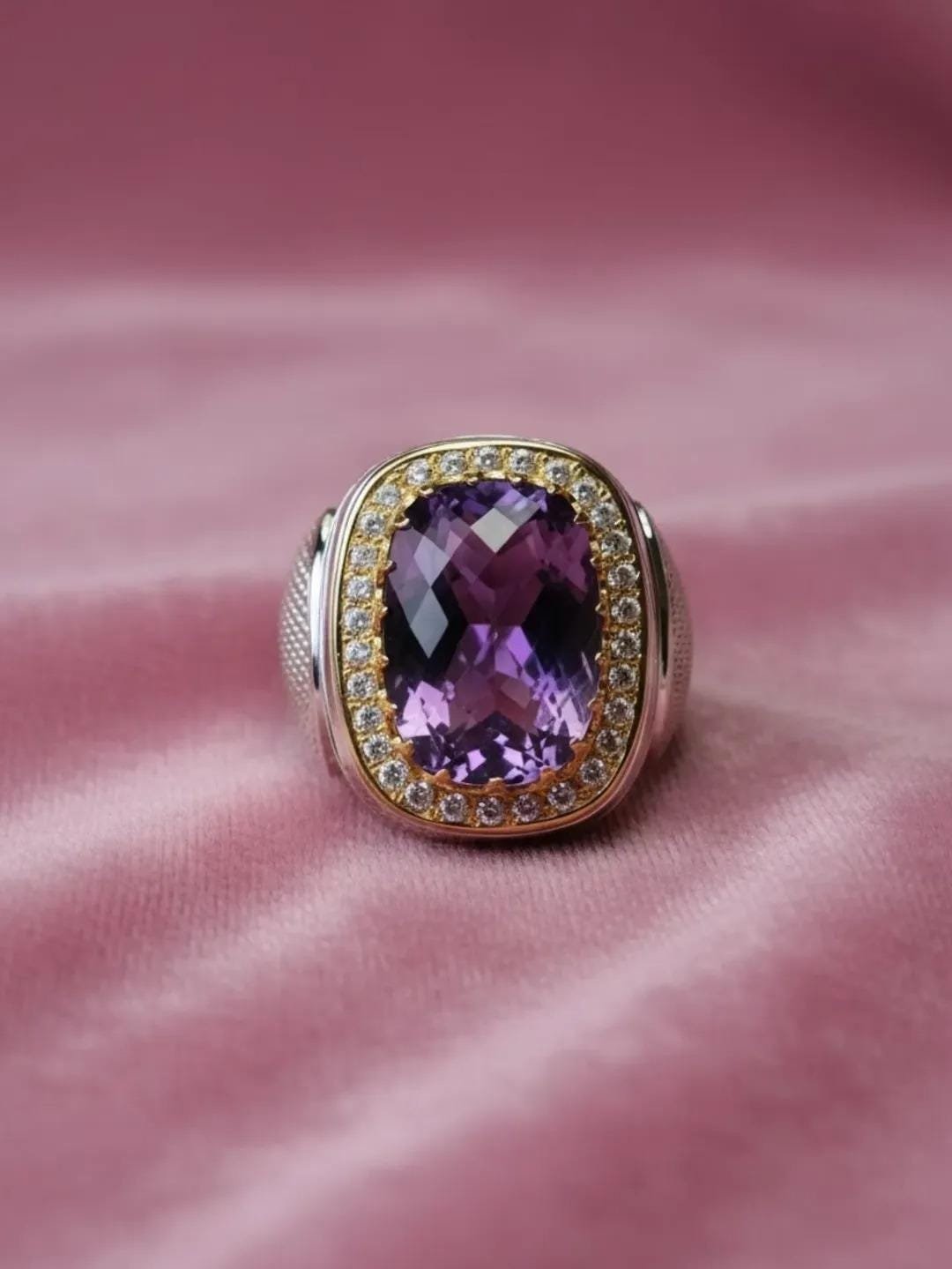 Amethyst Men Silver Ring with gold accents: Gift for boyfriend - Image 3