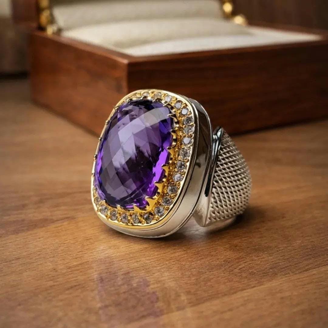 Amethyst Men Silver Ring with gold accents: Gift for boyfriend
