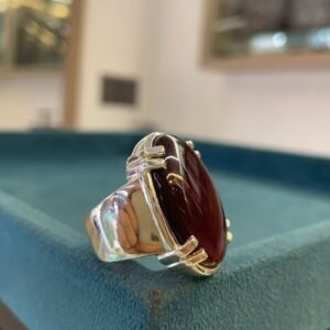 Red Maroon Aqeeq Stone Men Silver Statement Band Handmade Natural Gem
