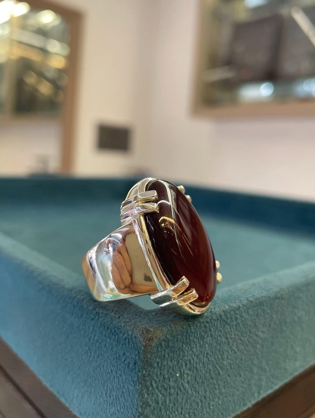 Red Maroon Aqeeq Stone Men Silver Statement Band Handmade Natural Gem