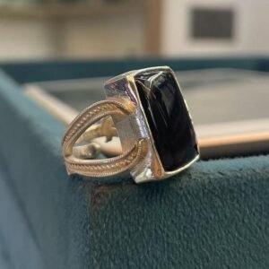 Black Agate Aqeeq Statement Signet for Men Handmade Silver Gift