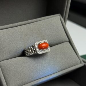 Natural Red Coral Marjan Silver Men Signet Statement Ring Gift