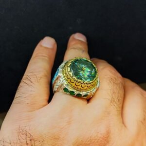 Green Moissanite Statement Ring for Men in 925 Sterling Silver, Valentine Gift for him