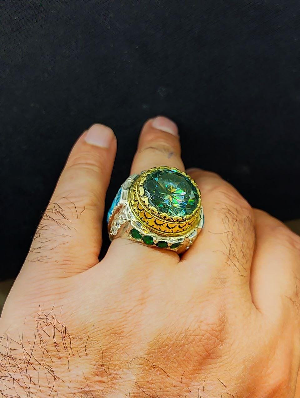 Green Moissanite Statement Ring for Men in 925 Sterling Silver, Valentine Gift for him