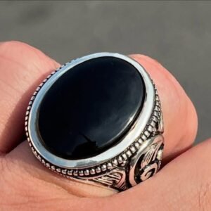 Black Aqeeq Agate Ring, Islamic 925 Sterling Silver Mens Ring