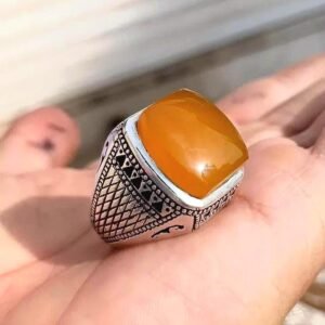 Handmade Yemeni Aqeeq Yellow stone Agate Ring for Men, 925 Sterling Silver, Valentine Gift