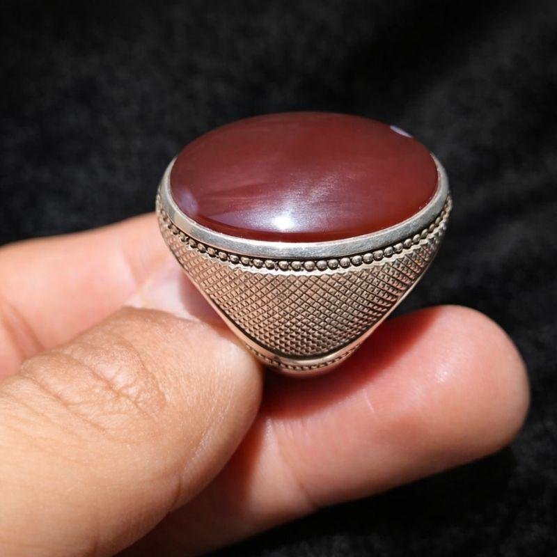 Red Maroon Aqeeq Statement Signet for Men Handmade Silver Design