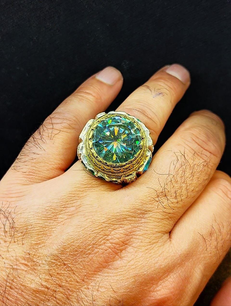 Green Moissanite Statement Ring for Men in 925 Sterling Silver, Valentine Gift for him - Image 3