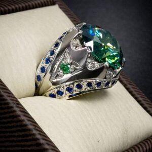 Green Moissanite Ring – 925 Sterling Silver Band – Handmade Unique Engagement Promise Ring for Her