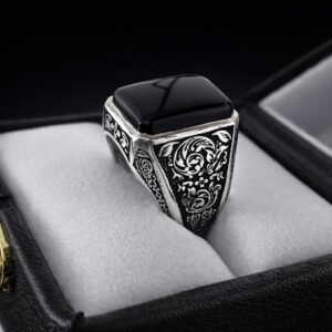 Handmade Black Agate Ring, Square Aqeeq Sterling Silver 925 Gemstone Ring gift for him