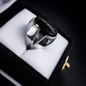 Men’s Oval Black Agate Ring 925 Sterling Silver Handmade Statement Ring
