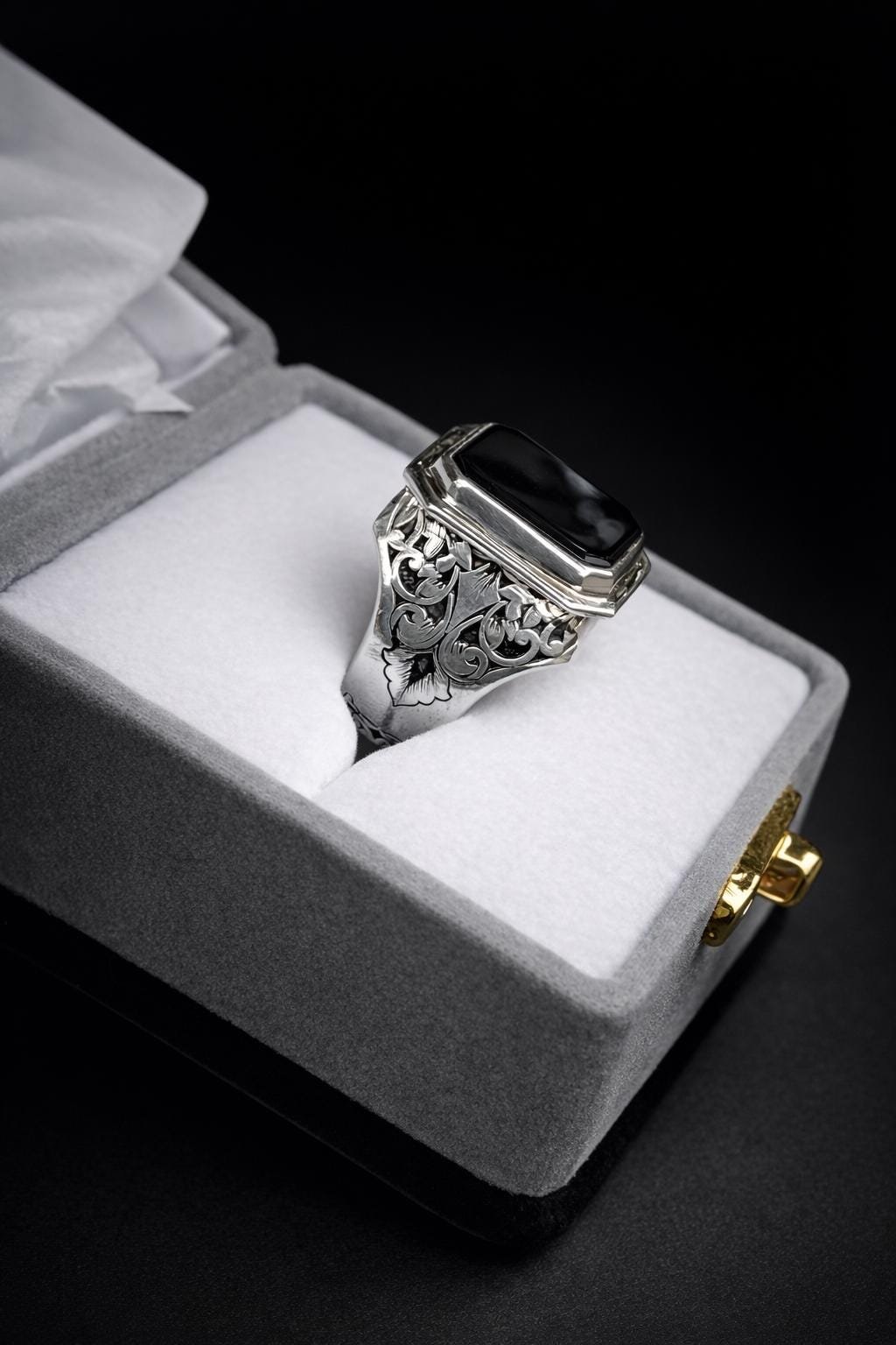 Handmade Black Agate Ring, Sterling Silver Rings Square Aqeeq Natural Gemstone Gift for him - Image 3