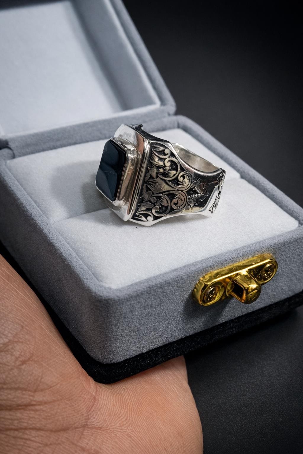 Handmade Black Agate Ring, Sterling Silver Rings Square Aqeeq Natural Gemstone Gift for him - Image 9