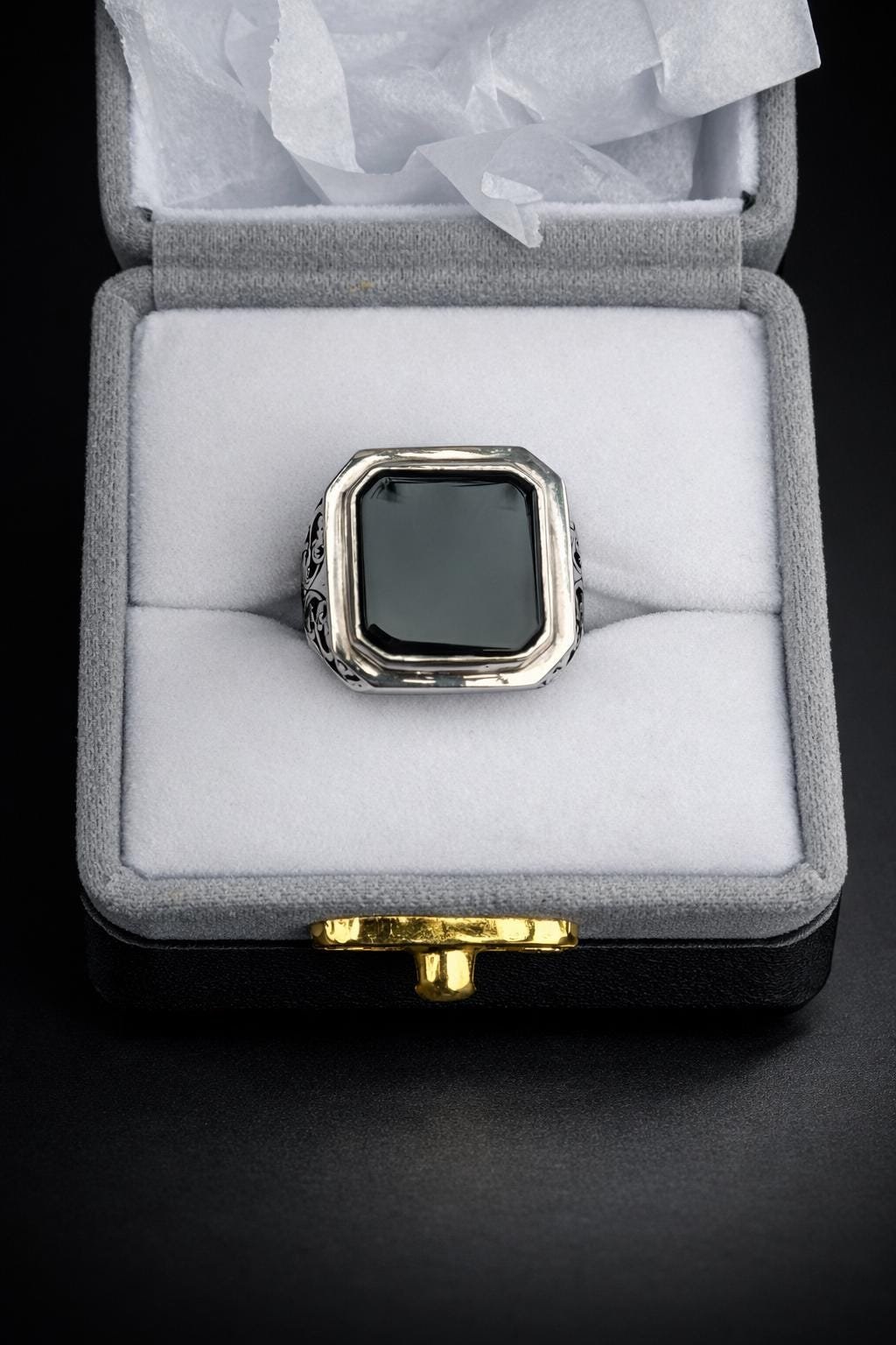 Handmade Black Agate Ring, Sterling Silver Rings Square Aqeeq Natural Gemstone Gift for him - Image 2
