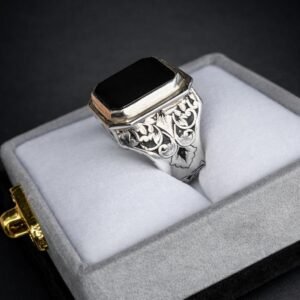 Handmade Black Agate Ring, Sterling Silver Rings Square Aqeeq Natural Gemstone Gift for him