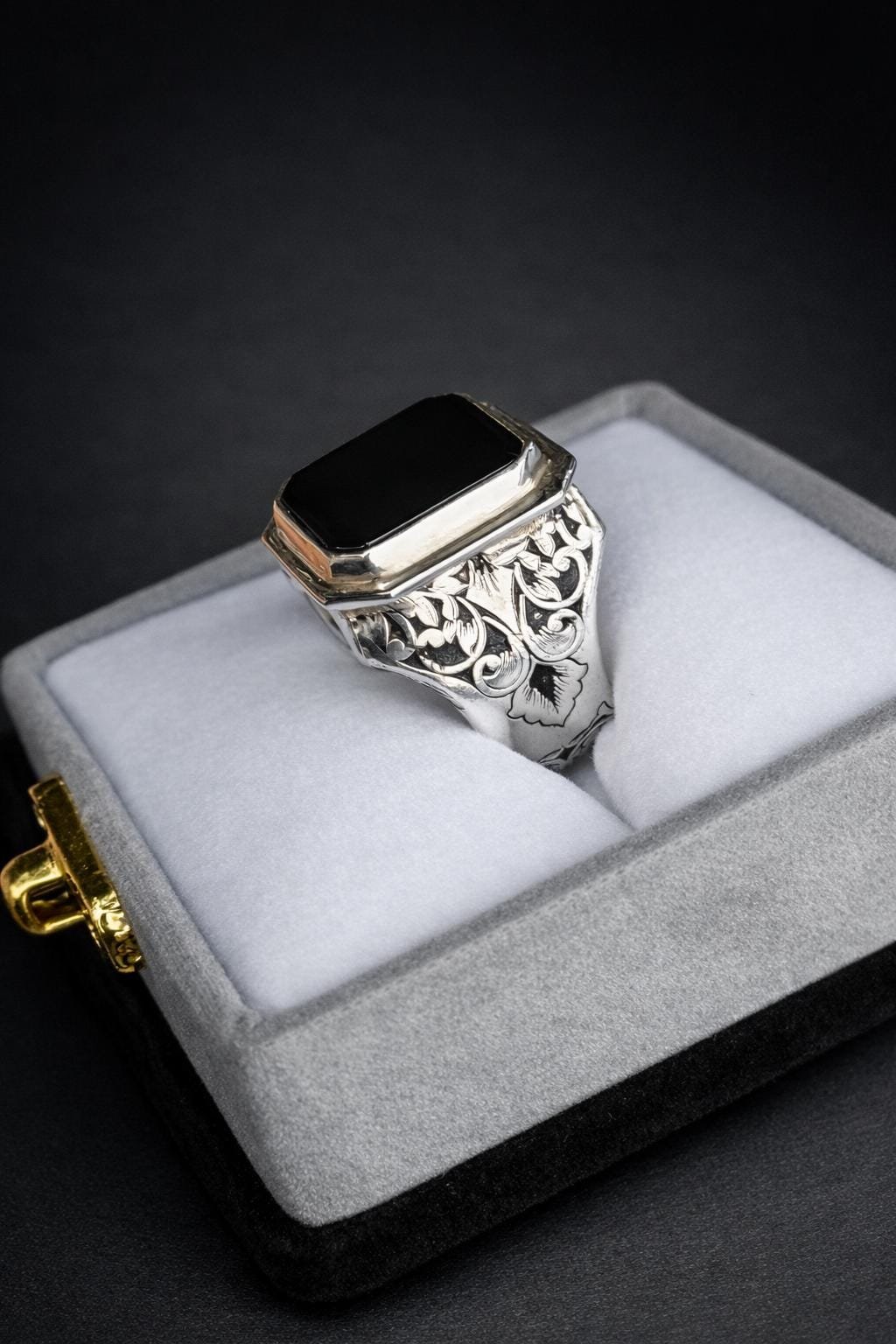 Handmade Black Agate Ring, Sterling Silver Rings Square Aqeeq Natural Gemstone Gift for him