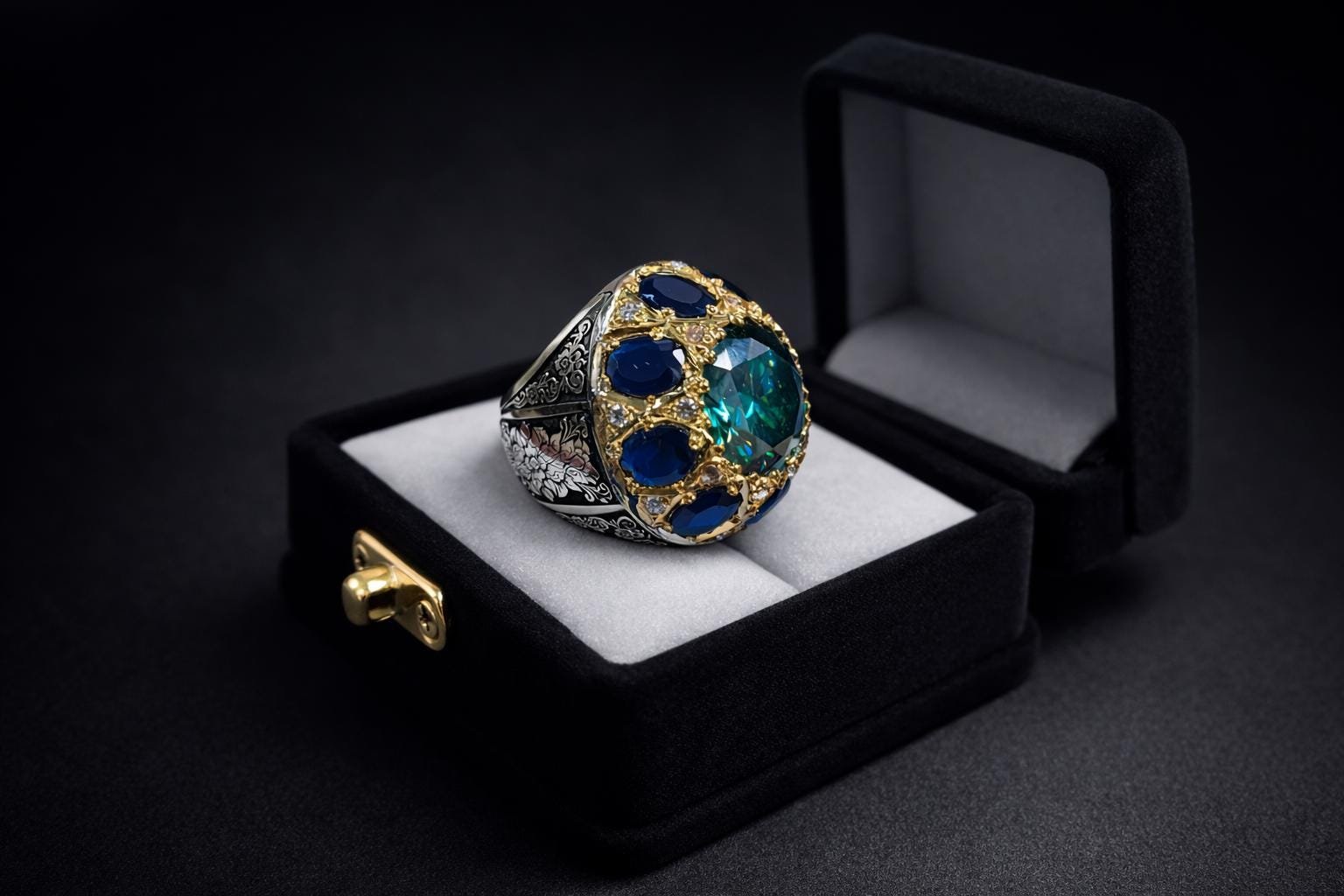 Handmade Green Moissanite Ring & Neelam Blue Men's Ring with Ceylon Sapphire gift for him - Image 4