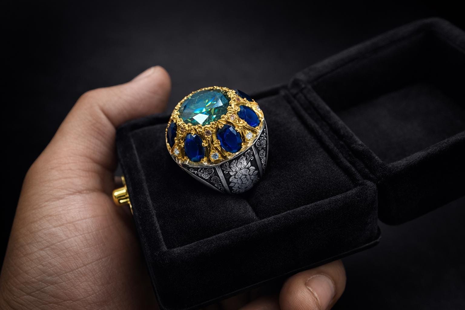 Handmade Green Moissanite Ring & Neelam Blue Men's Ring with Ceylon Sapphire gift for him - Image 2