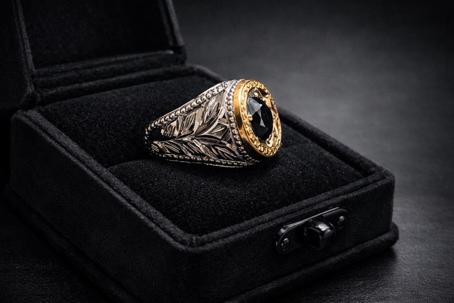 Sterling Silver Sapphire Ring, Engraved Vintage Wedding Band, Unisex Statement Jewelry - Image 2