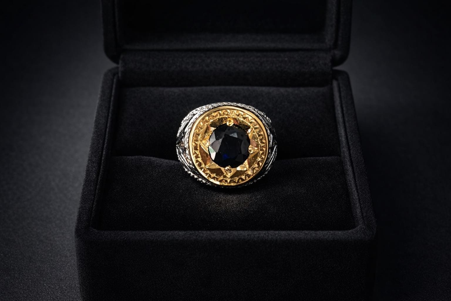 Sterling Silver Sapphire Ring, Engraved Vintage Wedding Band, Unisex Statement Jewelry - Image 8