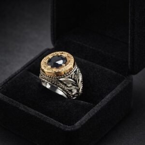 Sterling Silver Sapphire Ring, Engraved Vintage Wedding Band, Unisex Statement Jewelry
