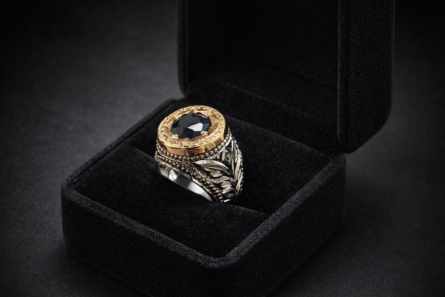 Sterling Silver Sapphire Ring, Engraved Vintage Wedding Band, Unisex Statement Jewelry
