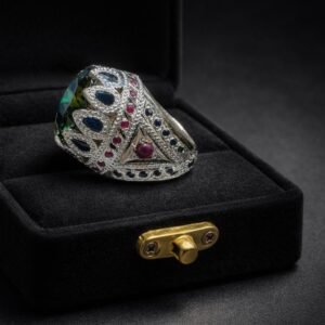 Handmade Sterling Silver Green Moissanite Ring: Oval Gemstone Intricate Silverwork