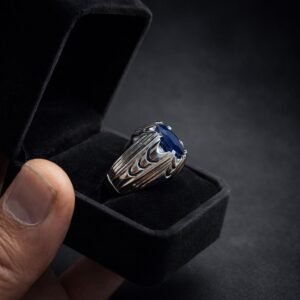 Men's Blue Sapphire Ring, Sterling Silver Ceylon Neelam Gemstone