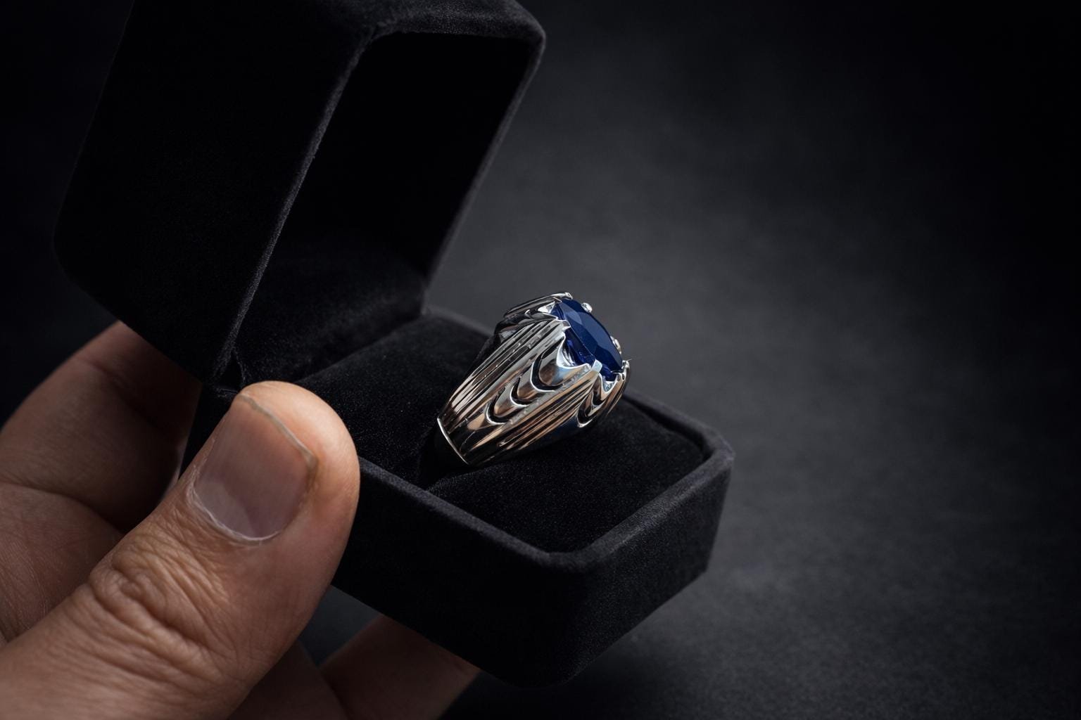 Men's Blue Sapphire Ring, Sterling Silver Ceylon Neelam Gemstone