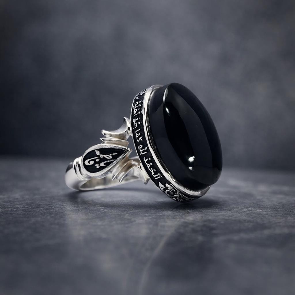 Engraved Sterling Silver Black Aqeeq Ring: Islamic Agate Signet Men's Jewelry - Image 2