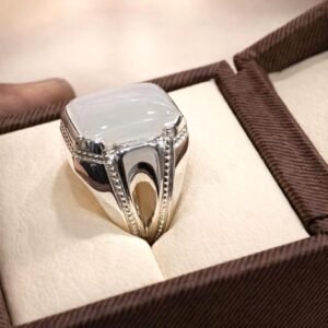 Natural White Agate Dur-e-Najaf Sterling Silver Ring, Islamic Statement Jewelry