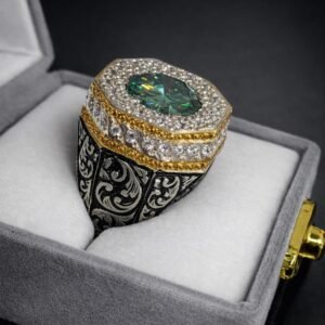 Green Moissanite Ring – Handmade Gemstone Unique Engagement Promise Ring for Her – Silver Rings