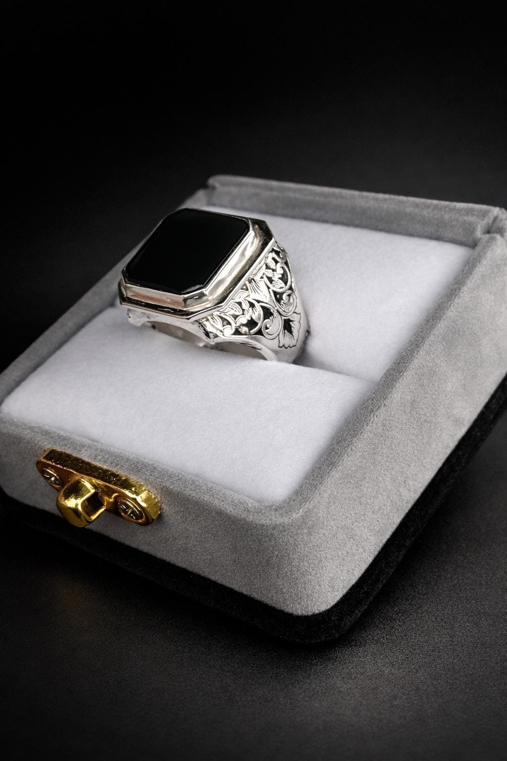 Handmade Black Agate Ring, Sterling Silver Rings Square Aqeeq Natural Gemstone Gift for him - Image 4