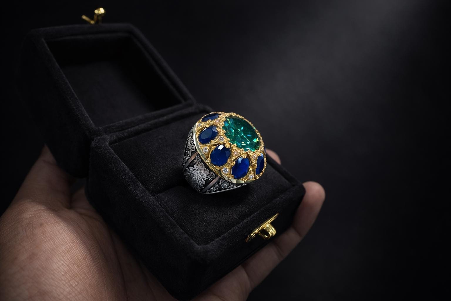 Handmade Green Moissanite Ring & Neelam Blue Men's Ring with Ceylon Sapphire gift for him - Image 5