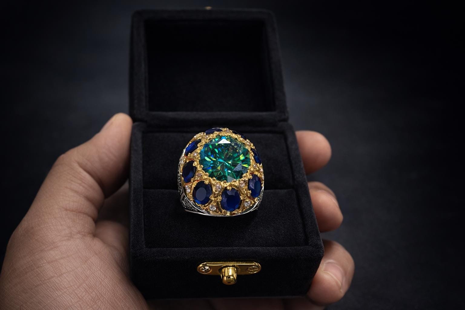 Handmade Green Moissanite Ring & Neelam Blue Men's Ring with Ceylon Sapphire gift for him - Image 6