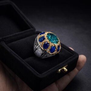 Handmade Green Moissanite Ring & Neelam Blue Men's Ring with Ceylon Sapphire gift for him