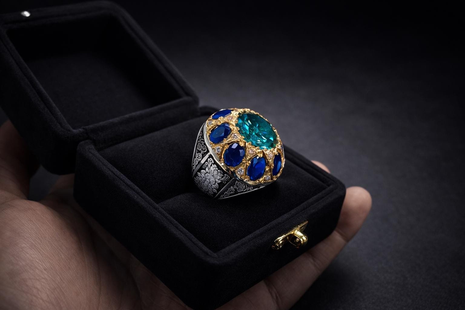 Handmade Green Moissanite Ring & Neelam Blue Men's Ring with Ceylon Sapphire gift for him
