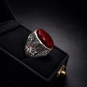 Men's Yemeni Agate Ring: Red Agate Sterling Silver 925 Handmade Band