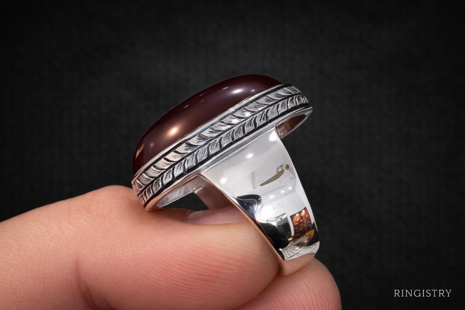 Men's Red Agate Aqeeq Ring, Sterling Silver Oval Gemstone Statement, Islamic Jewelry - Image 3