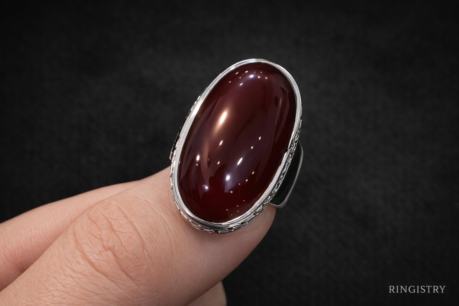 Men's Red Agate Aqeeq Ring, Sterling Silver Oval Gemstone Statement, Islamic Jewelry - Image 4