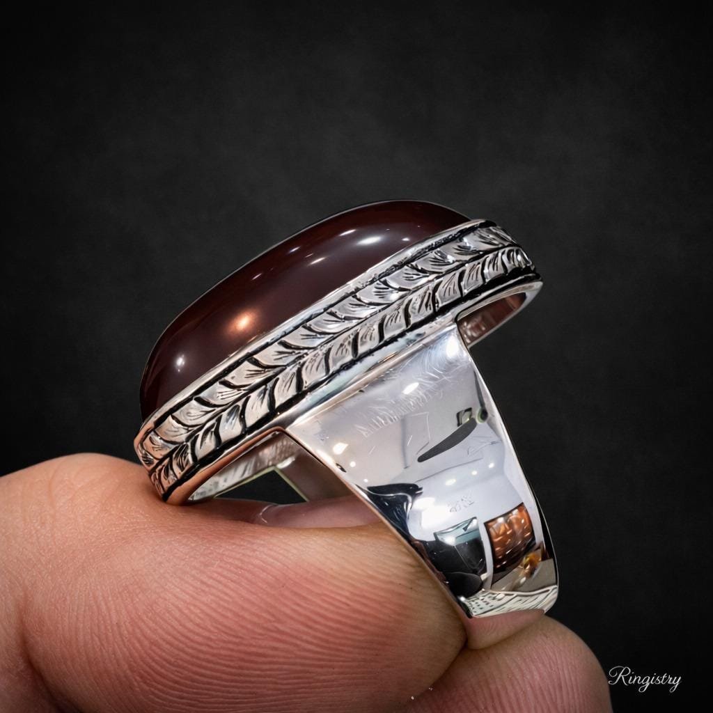 Men's Red Agate Aqeeq Ring, Sterling Silver Oval Gemstone Statement, Islamic Jewelry - Image 5
