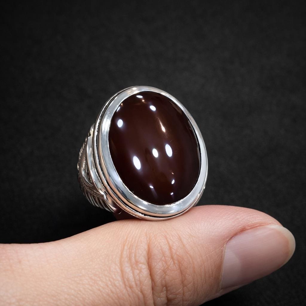 Men's Red Agate Aqeeq Ring, Handmade Sterling Silver Oval Gemstone, Islamic Statement Jewelry - Image 2