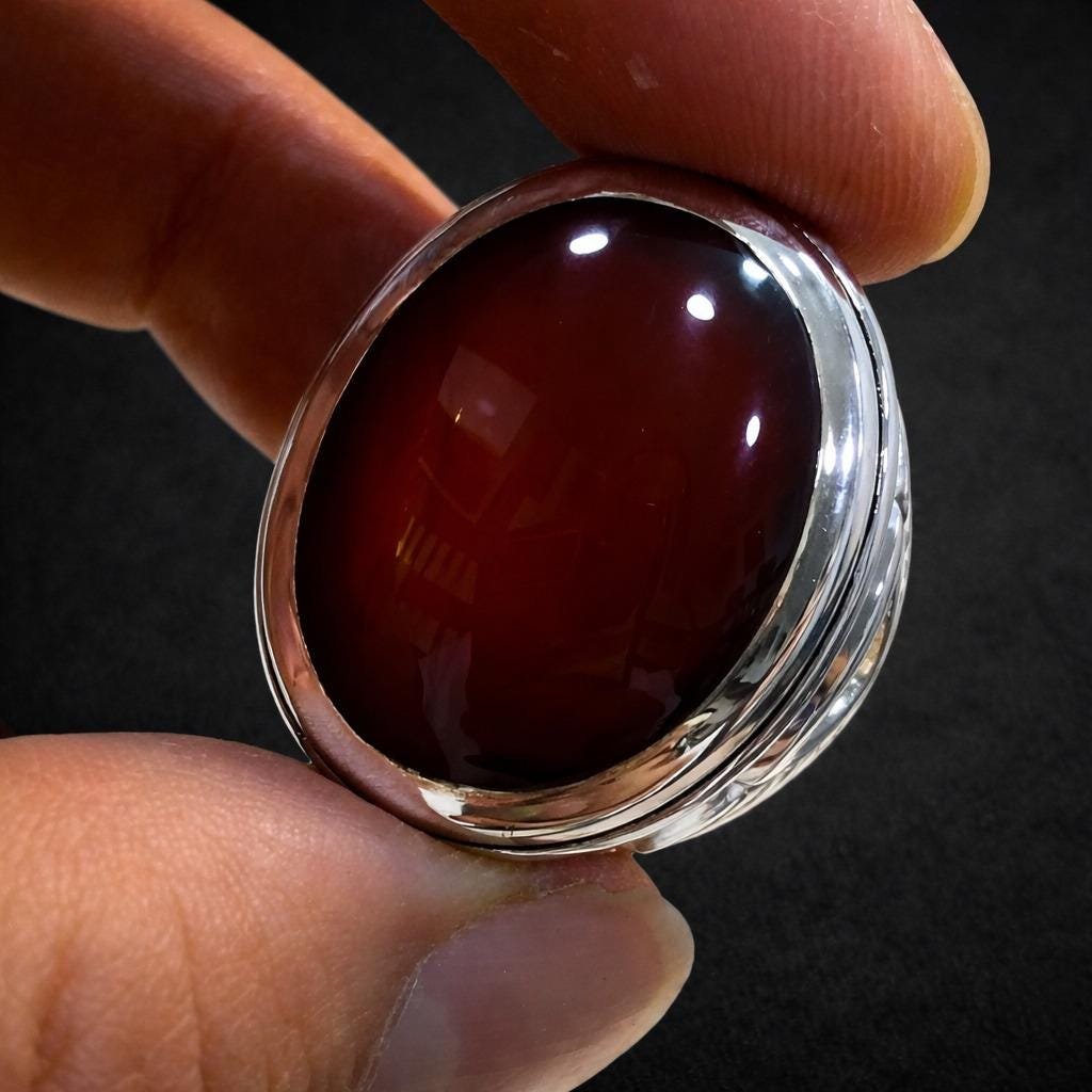 Men's Red Agate Aqeeq Ring, Handmade Sterling Silver Oval Gemstone, Islamic Statement Jewelry - Image 4