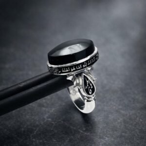 Engraved Sterling Silver Black Aqeeq Ring: Islamic Agate Signet Men's Jewelry